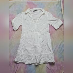 Zara - White Poplin Mini Dress w/ Open Embroidered Bottom - Size M